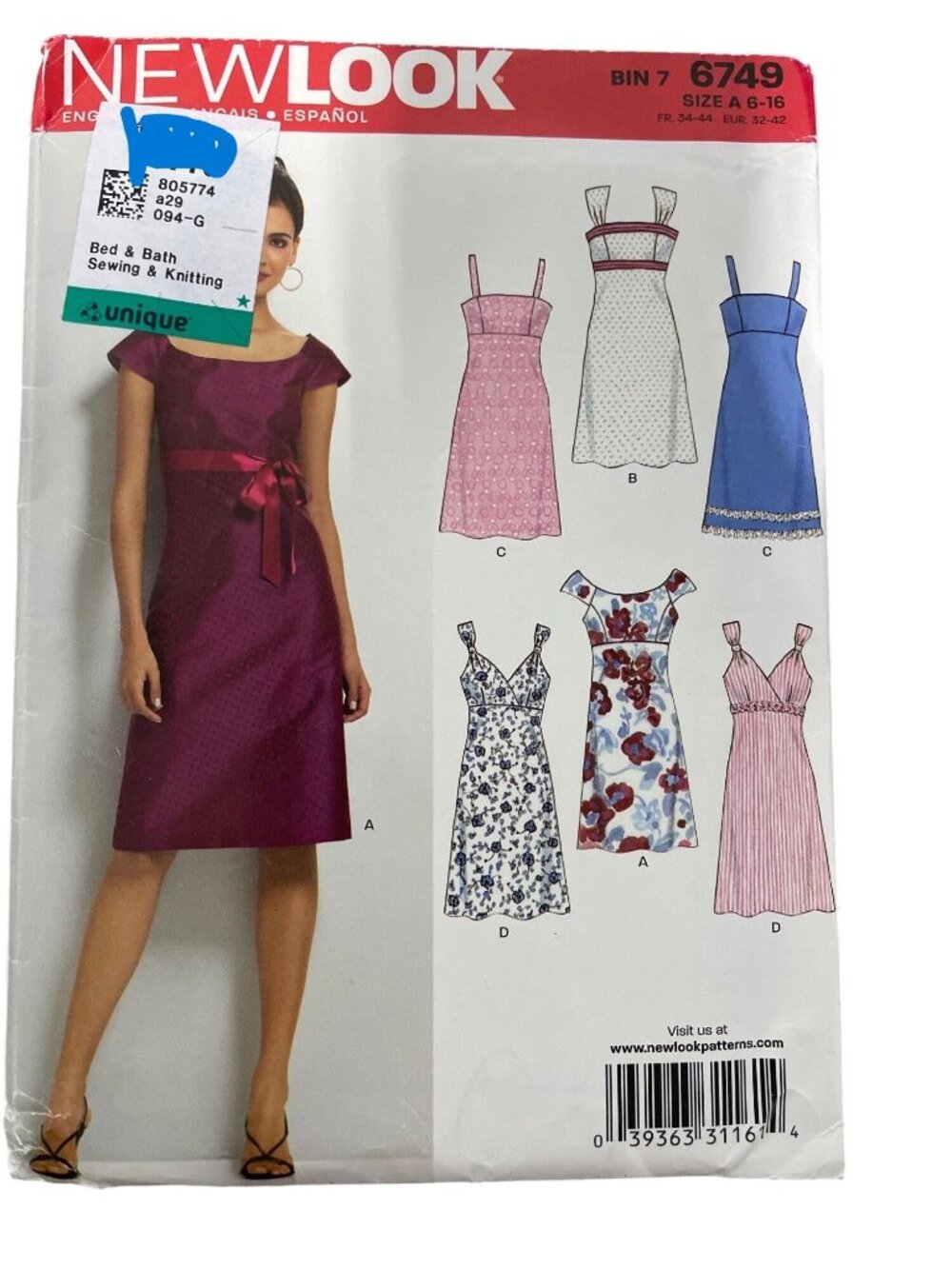 New Look 6749 Sewing Pattern Sizes 6-16 Misses Dress A-Line & Empire Waist UNCUT
